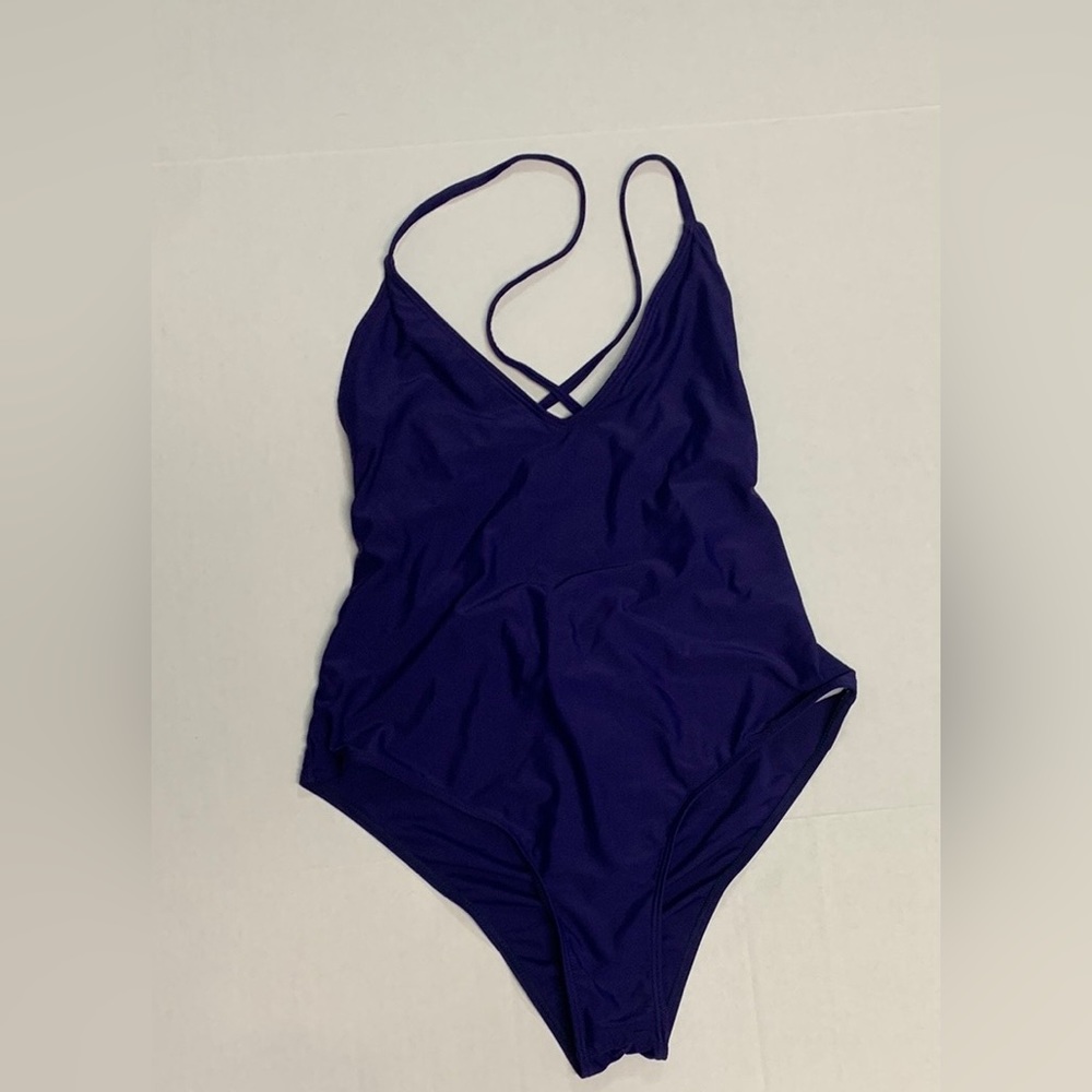 Blue one piece with rouched back and crisscross Large